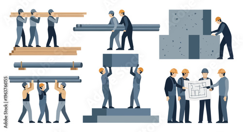 Construction workers carrying materials and discussing blueprints, flat vector art