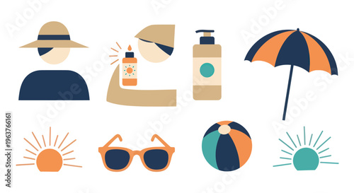Flat Design Summer Beach Holiday Icons Set - Sun, Hat, Sunscreen, Ball, Umbrella