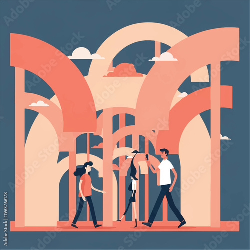 Flat design illustration of diverse people strolling beneath abstract architectural arches in a contemporary city scene, highlighting urban movement and connectivity.
