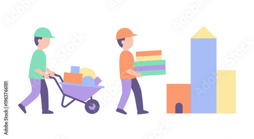 Flat Illustration of Construction Workers Moving Materials and Buildings