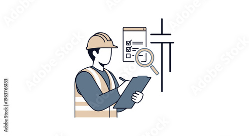 Construction worker with checklist and magnifying glass, vector illustration