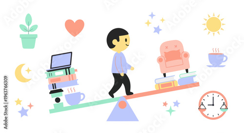 Balance work and life: seesaw with person, laptop, chair, books, and coffee