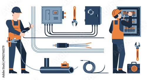 Electrician working on electrical panel, flat vector illustration