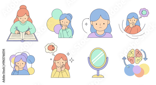 Flat illustration of girls in various thought and reflection poses