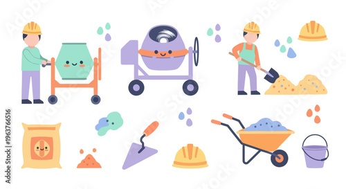Flat Design Construction Workers, Cement Mixer, Wheelbarrow, Tools, Building