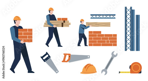 Construction Workers Building With Bricks, Wood, Tools, Flat Style
