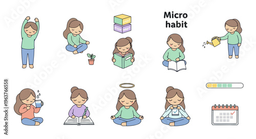Cute girl micro habits vector illustrations: reading, yoga, writing, watering plants, drinking tea
