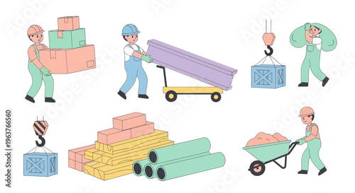 Construction workers carrying boxes, steel beam on cart, crane lifting crate, load on shoulder, wheelbarrow