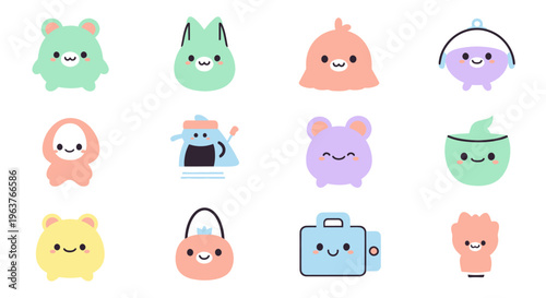 Kawaii Cute Characters Vector Set: Animals, Objects, and More
