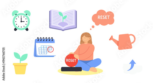 Flat illustration of woman resetting life, time, growth, and goals