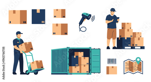 Logistics and Delivery Icons: Boxes, Scanner, Container, Worker, Map