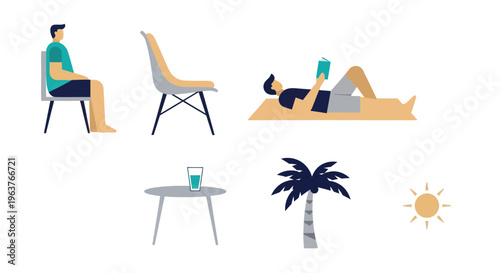 Flat illustration of people relaxing with books, palm tree, sun, table, glass
