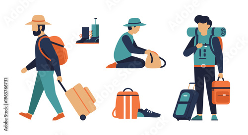 Flat illustration of travelers with luggage and camping gear