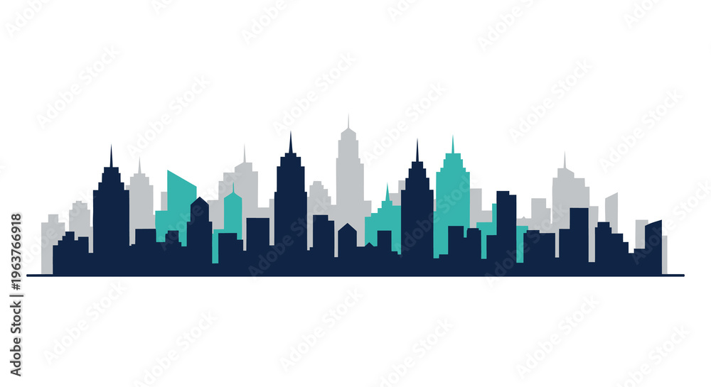 Obraz premium Flat skyline illustration of modern city buildings, urban cityscape vector art