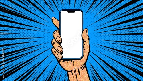 Hand holding a smartphone against a comic book-style background