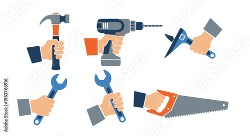 Flat Vector Icons of Hands Holding Tools: Construction and DIY