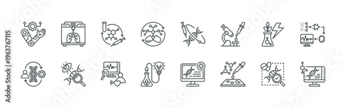 bundle of 16 thin line bioengineering icons such as hu0aa#006 biomechanical, r8oez#012 genetic engineering, mg1yb#027 bioprinting, hfjev#046 observation, blqye#005 regenerative, rvmns#041