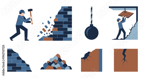 Flat Illustration of Demolition and Destruction Icons