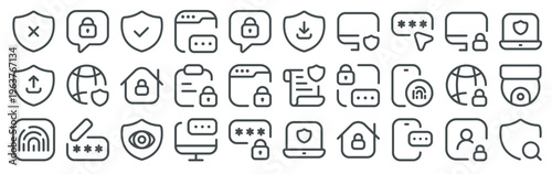 Set of 30 cyber security thin line web icons including shield, lock, code, fingerprint, browser, desktop, laptop, global network, and protection symbols in vector outline format