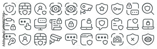 Set of 30 cyber security thin line vector icons including shield, camera, code, eye, laptop, user, key, fingerprint, firewall, and browser elements