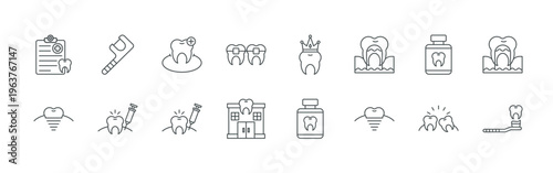 bundle of 16 thin line dentist icons such as kyzmm#015 dental record, hajiz#012 implant, b7xtl#009 floss, dtsjt#019 dental injection, ff6uo#004 dental care, uzy7b#019 dental injection,