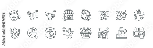 bundle of 16 thin line fmcg icons such as egux2#037 short life, jqtis#025 interest, ohfcw#019 purchase, l5jqh#022 low profit, j6cmu#014 items, 1eevp#013 inventory, miznr#015 retailers, 01z6v#030