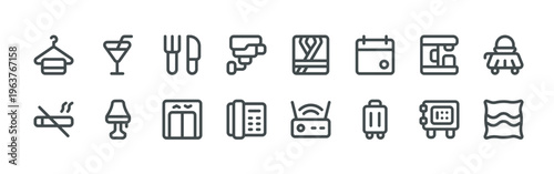 bundle of 16 thin line hotel icons such as pnu5m#024 hanger, jpxmn#033 no smoking, gv9td#013 cocktail, 1p671#016 desk lamp, 0worz#015 cultery, xxxaz#018 elevator, m9ro2#012 cctv, dfsca#011