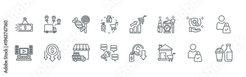 bundle of 16 thin line fmcg icons such as 9hxvc#003 sold, hfgjt#024 electronic, qts#021 distribution, irhz2#004 low cost, xvedt#009 candy, rzm#033 supplier, xut1g#002 fmcg, a0saw#027
