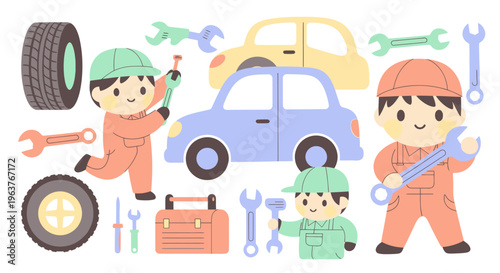 Cute Cartoon Mechanics Working on Cars and Tools, Vector Flat Art