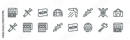 bundle of 16 thin line indigenous people icons such as zaslz#003 batik, 769vq#004 blowgun, psb1l#004 blowgun, jof35#001 andes, vbmuf#014 native american, zbdmd#001 andes, zx6ze#027 wigwam,