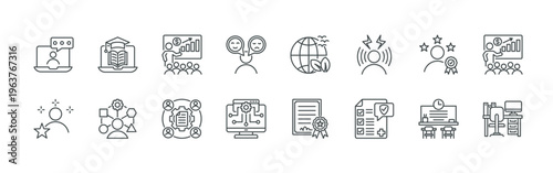 bundle of 16 thin line training icons such as oq6g8#033 work remotely, zu6ts#029 client, w2fxv#015 e learning, 5sxiw#003 skills, cneao#035 retraining, s4n9j#040 project assessment, pajcc#004