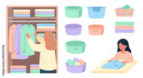 Woman folding clothes, laundry baskets, clean linen, closet, flat illustration