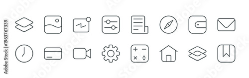 bundle of 16 thin line ui icons such as hxjyy#011 shortcut script app, tfeqm#009 clock, uxqff#022 gallery, urqkj#003 credit card, g1tuq#030 notificaiton, tmqpt#015 video call, q2uhs#004