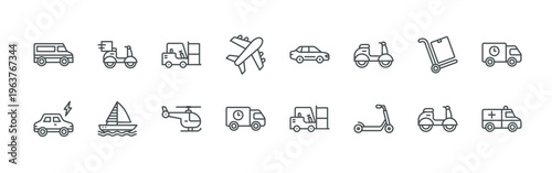 bundle of 16 thin line transport icons such as 8ow6e#018 mini van, qhpbx#011 electric car, ymyej#012 fast delivery, 3vckb#004 boat, zezqp#014 forklift, ai8hi#017 helicopter, wvezz#019 plane,