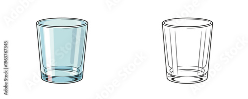 Cartoon glass tumbler in color and black line art styles showing transparent empty vessel for water or juice serving on white background