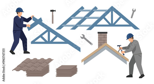 Construction workers building roof trusses and installing tiles, flat design
