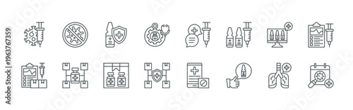 bundle of 16 thin line vaccine development line icons such as rlvus#018 injection, qbh4y#028 medical record, txeq1#041 anti virus, vsr2z#047 distribution, kw11s#026 ampoule, 8qmey#021 vaccine,