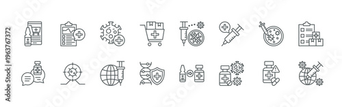 bundle of 16 thin line vaccine development line icons such as j8jbd#020 online phary, ldtdw#034 information, kwqdr#042 medical record, rrput#009 target, ejtpr#011 virus, 2fiqy#039 injection,
