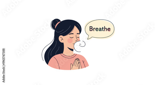 Woman meditating and breathing, flat illustration, peaceful mind