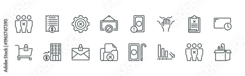 bundle of 16 thin line workplace closure icons such as khggw#024 layoff, eh8bi#042 shopping cart, 8caek#005 bill, cc0#040 sale, yj56h#007 cease of activity, m4ykc#025 letter, tegkb#010