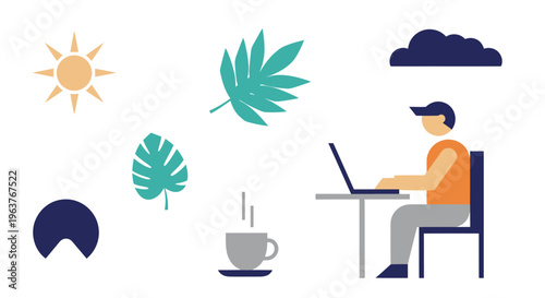 Flat Design Man Working on Laptop with Tropical Leaves and Sun