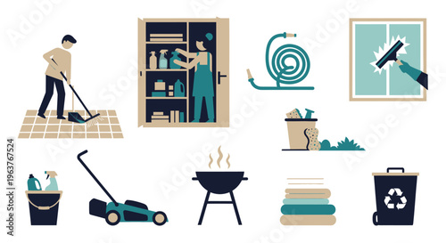 Flat Style Icons of Cleaning and Gardening Household Chores