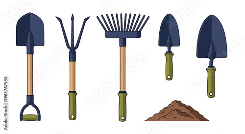Gardening Tools Set: Shovel, Rake, Trowel, Pitchfork, Soil - Flat Vector