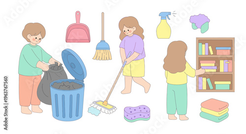Cute Flat Illustration of Kids Cleaning Home with Mop and Trash Can