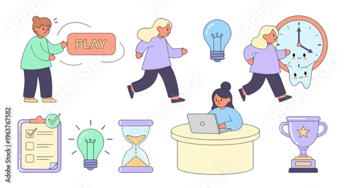Flat Illustration of Business People, Tasks, Time, Ideas, and Success