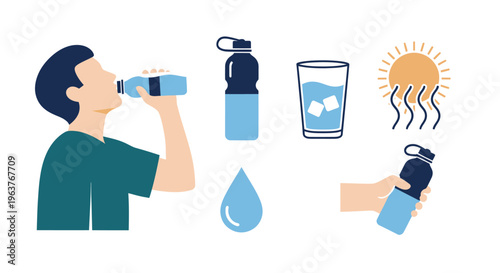 Flat Vector Illustration: Person Drinking Water Bottle, Sun, Glass, Drop