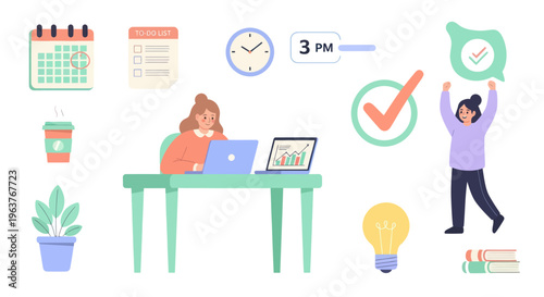 Flat vector illustration of a woman working at desk with calendar, to-do list and time