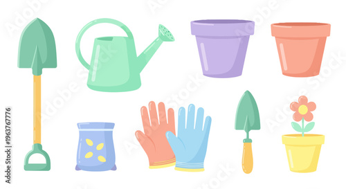 Flat Illustration of Garden Tools and Potted Flower, Gardening Supplies