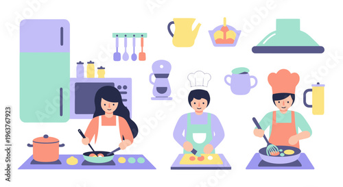 Flat Style Illustration of People Cooking in a Kitchen, Food Industry