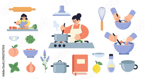 Flat Design Illustration of Culinary Activities and Ingredients